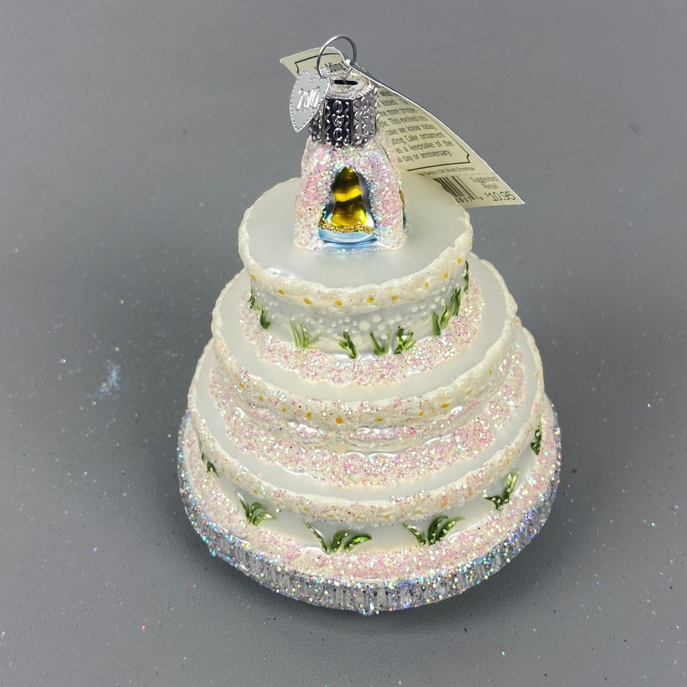 Old World Christmas Wedding Cake Glass Holiday Ornament White Glitter NWT